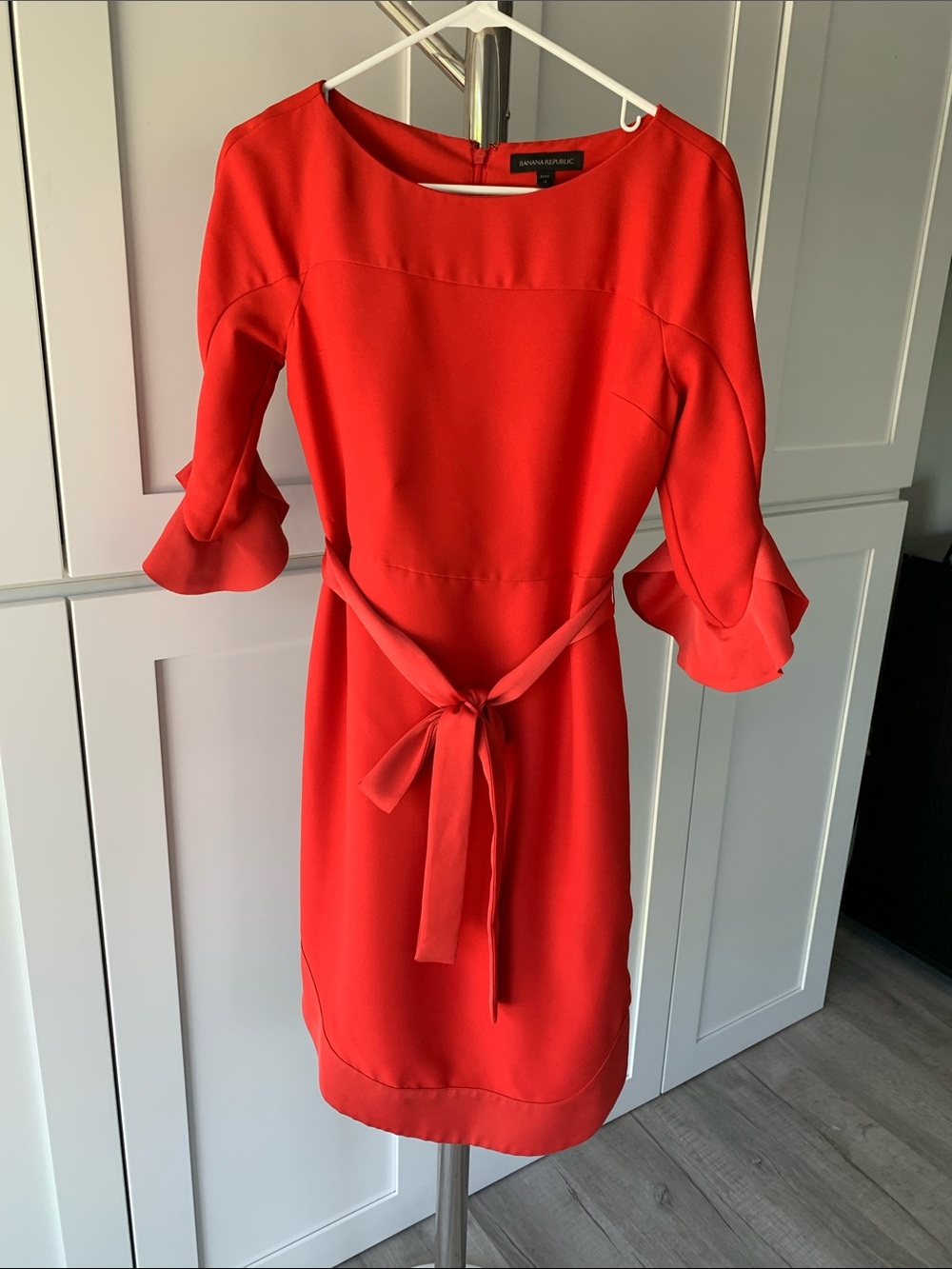 Banana Republic Red Midi Tie-Waist Dress with Ruffle Sleeves